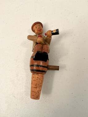 Vintage ANRI Hand Carved Wooden Man on Barrel Mechanical Bottle Stopper